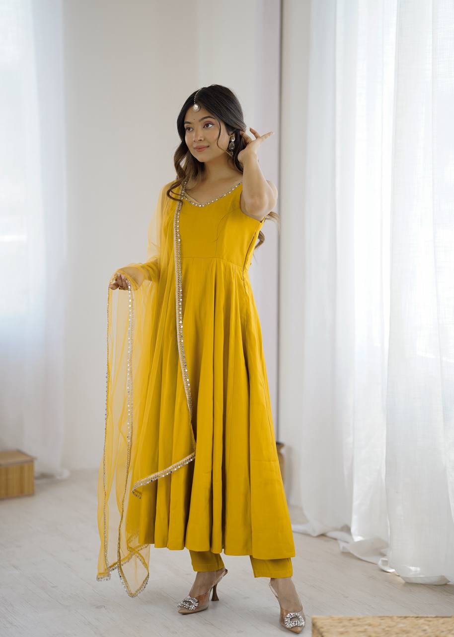 Pure Romansilk Chanderi Anarkali Set with Dupatta & Pant – Fully Stitched